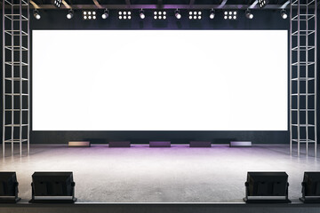 Blank white rectangular screen in interior with concrete floor. Presentation, movie theater and announcement concept. Mock up, 3D Rendering.