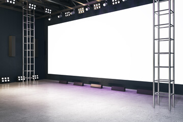 Empty white rectangular screen in interior with concrete floor. Presentation, movie theater and announcement concept. Mock up, 3D Rendering.