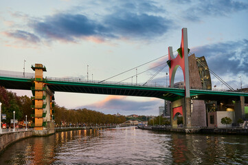 Nervion river and La Salve bridge at evening, Bilbao