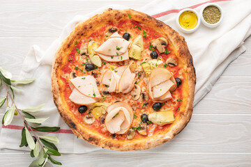 pizza with bacon slices herbs and sauces