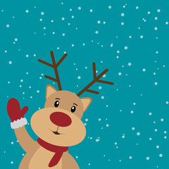 Reindeer red-nosed cute cartoon with greeting banner snowy winter background. Christmas card. Vector illustration.