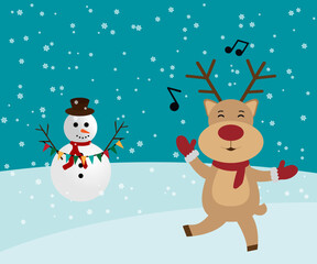Snowman and reindeer red-nosed cute cartoon with greeting banner snowy winter background. Christmas card. Vector illustration.
