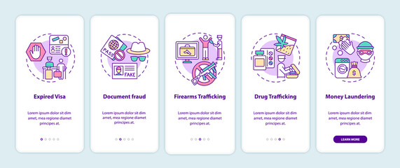 Reasons for deportation onboarding mobile app page screen. Legislation walkthrough 5 steps graphic instructions with concepts. UI, UX, GUI vector template with linear color illustrations