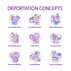 Fototapeta na wymiar Deportation concept icons set. Reasons for official removal from country. Expired visa. Immigration idea thin line color illustrations. Vector isolated outline drawings. Editable stroke