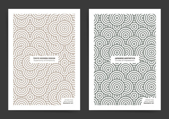 Linear ornaments poster cover set set. Vector A4 vertical orientation. Design for book cover, poster, banner, placard, brochure, annual report, flyer. Vector japanese motifs for modern home decor.	