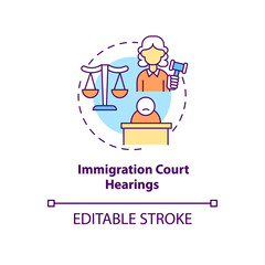 Immigration court hearings concept icon. Judicial procedure on immigration cases. Deportation abstract idea thin line illustration. Vector isolated outline color drawing. Editable stroke