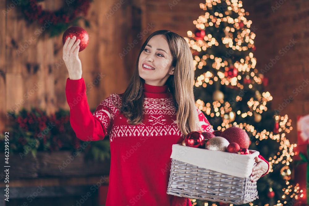 Wall mural photo of charming cheerful mature lady wear red pullover smiling holding christmas ball indoors hous