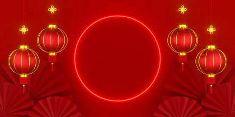 3d illustration of Chinese new year banner with hanging lantern