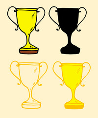 gold cup set in flat style. A doodle-style yellow doodle cup with a black outline and silhouette is a reward, side view. the winner's symbol on a white background for the design template