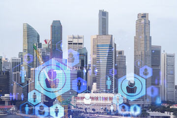 Social media icons hologram over panorama city view of Singapore, Asia. The concept of people networking, connections and career opportunities. Double exposure.