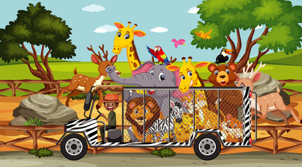 Safari scene with wild animals in a cage car