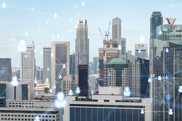 Social media icons hologram over panorama city view of Singapore, Asia. The concept of people networking, connections and career opportunities. Double exposure.