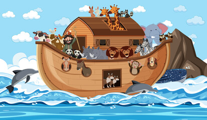 Obraz premium Noah's Ark with animals in the ocean scene