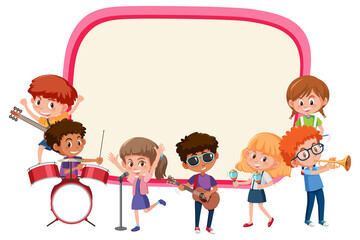 Empty board with kids playing different musical instruments