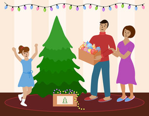 Family decorates Christmas tree together. Mom, dad and child daughter are going to prepare for celebration of Christmas and New year. Home holidays concept