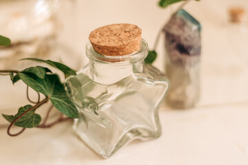 A glass bottle in the shape of a star, a houseplant and a mineral on a white table.Elements of the home interior.Creative background.Selective focus.