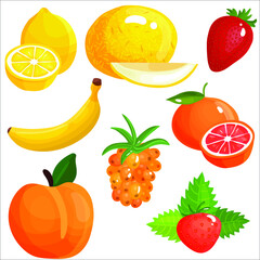 Set of colorful cartoon fruit icons: apple, pear, strawberry, orange, peach, plum, banana, watermelon, pineapple, papaya, grapes, cherry, kiwi, lemon, mango. Vector illustration, isolated on white.