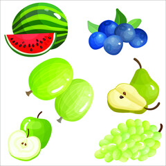 Set of colorful cartoon fruit icons: apple, pear, strawberry, orange, peach, plum, banana, watermelon, pineapple, papaya, grapes, cherry, kiwi, lemon, mango. Vector illustration, isolated on white.