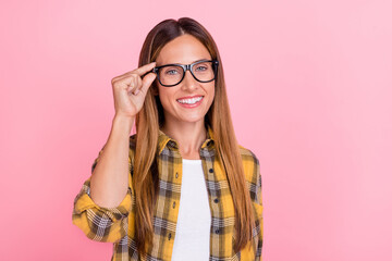 Photo of nice charming cheerful positive mature woman wear glasses good mood isolated on pink color background