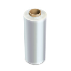 Roll of wrapping plastic stretch film isolated. Transparent packaging cellophane spool, for kitchen Vector illustration