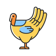 Male turkey RGB color icon. Commercial poultry farming for food. Domestic bird growing for meat. Thanksgiving dinner with turkey. Isolated vector illustration. Simple filled line drawing
