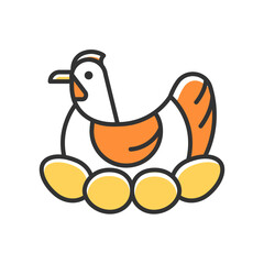 Brood hen RGB color icon. Bird sitting on egg clutch to incubate chicks. Nesting fowl. Brooding chicken. Poultry selection and farming. Isolated vector illustration. Simple filled line drawing