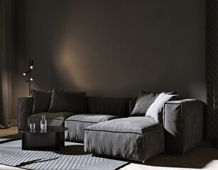 Luxury dark living room interior with gray sofa mock up, modern interior background, empty black wall mockup, 3d illustration