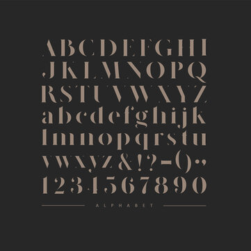 Stylish elegant font, english alphabet. uppercase, lowercase letters and numbers brown