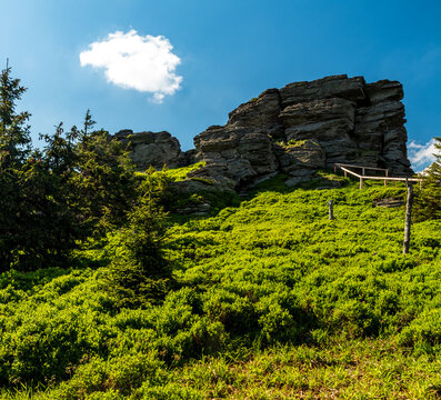 Rock formations on Vozka hill in Jeseniky mountains in Czech republic