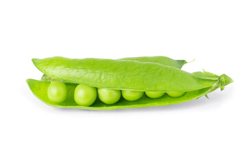 Fresh pod of green peas beans with shadow on a white background. Open sweet legumes isolated. Healthy nutrition and raw organic food ingredient.