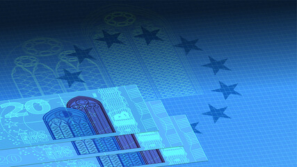 Fototapeta premium 3D blueprint sheet. Schematically EU paper money. Stylistic 20 euro banknotes against the background of the flag of the united Europe