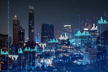 Stock market graph hologram, night panorama city view of Bangkok, popular location to gain financial education in Southeast Asia. The concept of international research. Double exposure.