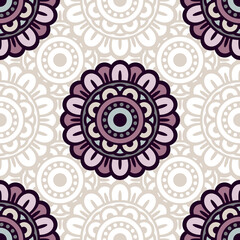 Abstract seamless backdrop. Design for prints, textile, decor, fabric. Round colorful texture in lilac and blue colors. Mandala background