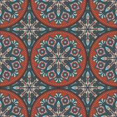 Abstract seamless mandala background. Texture in red and blue colors. Oriental pattern for design, fashion print, scrapbooking