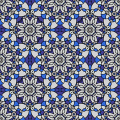 Abstract seamless flower backdrop. Design for prints, textile, decor, fabric. Round colorful texture in violet, blue and gray colors. Mandala background