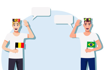 Men with Belgian and Brazilian flags. The concept of international communication, education, sports, travel, business. Dialogue between Belgium and Brazil. Vector illustration.