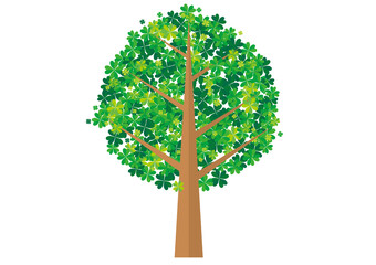 Symbol of happiness and luck, illustration of a tree made of four-leaf clover, white background, ecology, geometric pattern