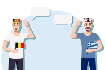 Men with Belgian and Greek flags. Background for text. Communication between native speakers of Belgium and Greece. Vector illustration.