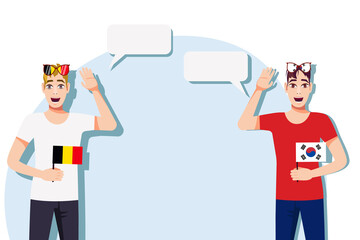 The concept of international communication, sports, education, business between Belgium and South Korea. Men with Belgian and South Korean flags. Vector illustration.