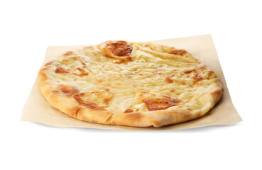 Delicious khachapuri with cheese on white background