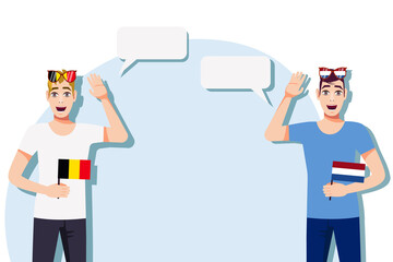 Men with Belgian and Dutch flags. Background for the text. The concept of sports, political, education, travel and business relations between Belgium and the Netherlands. Vector illustration.