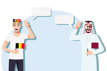 Men with Belgian and Qatari flags. The concept of international communication, education, sports, travel, business. Dialogue between Belgium and Qatar. Vector illustration.