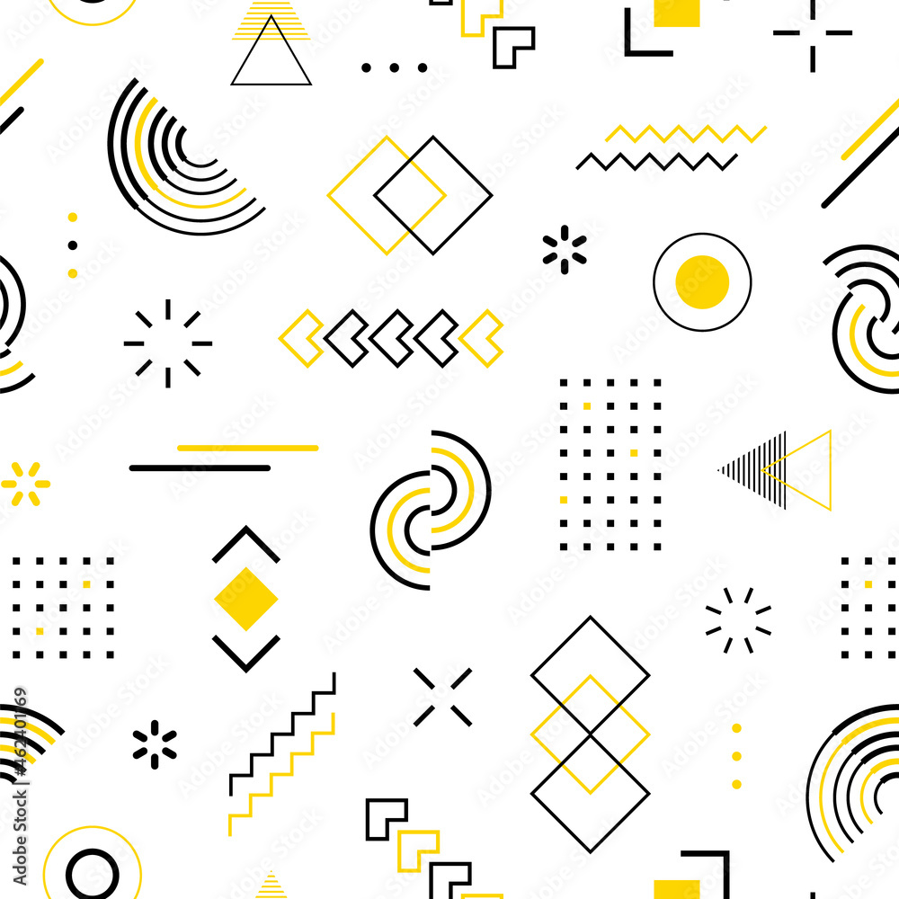Wall mural memphis seamless pattern. abstract check geometric shape. repeated mark graphic element. scattered g