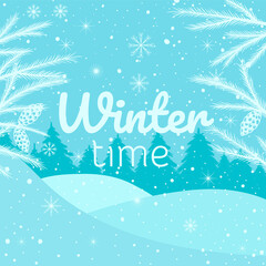 Vector, flat illustration with a winter theme. Fir branches and cones on the background of winter forest, snowdrifts, snowfall. For posters, book covers, brochures, magazines, booklets, postcards