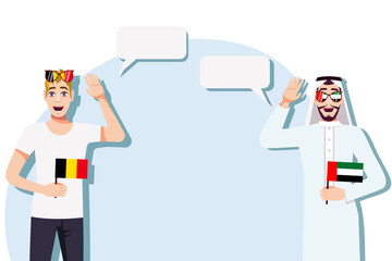 Men with Belgian and UAE flags. Background for the text. Communication between native speakers of the language. Vector illustration.