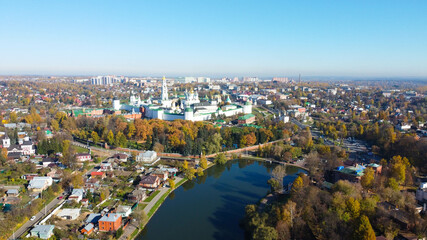 Sergiev Posad, Russia - 08 October 2021: Autumn view of the Holy Trinity Lavra of St. Sergius from a bird's eye view