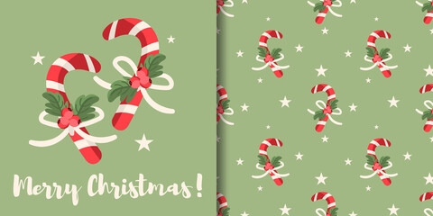 Christmas holiday season banner with Merry Christmas text and seamless pattern of candy canes with holly berry branch on light green background with stars. Vector illustration.