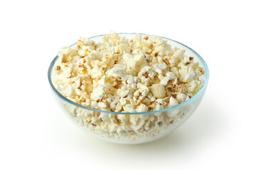 Glass bowl with popcorn isolated on white background