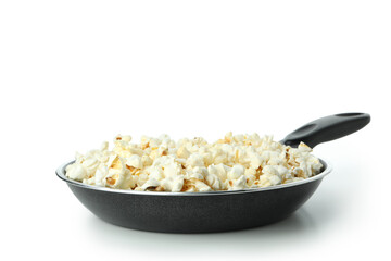 Pan with popcorn isolated on white background