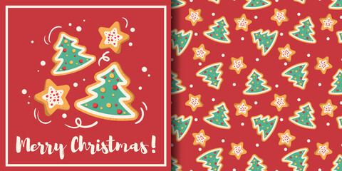 Christmas holiday banner with Merry Christmas text and seamless pattern of cute Christmas trees and star cookies on red background with snowflakes. Vector illustration.